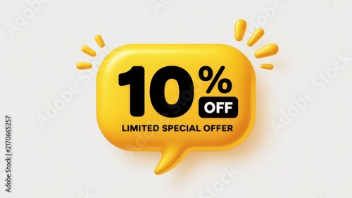 Bright yellow 3d speech bubble featuring the text 10 percent off limited special offer isolated on a clean white background, for retail marketing, and sales promotions