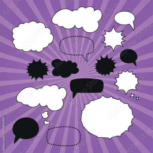 Set of blank speech bubbles and dialogue windows made of dots and dashes On a bright comic book-style background