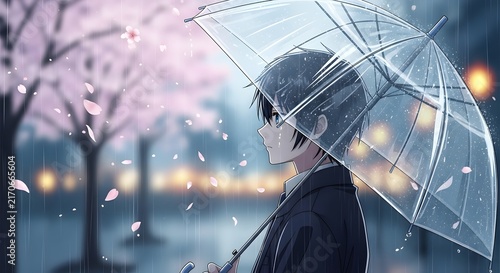 Anime style girl holding a transparent umbrella under falling cherry blossoms in the rain