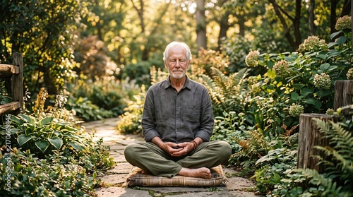 Tranquil senior man in a deep state of meditation, sitting cross-legged on a woven mat on a winding stone path within a vibrant garden of hydrangeas and ferns