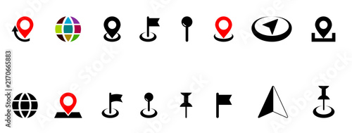 location pin and global navigation icon set for maps and travel
