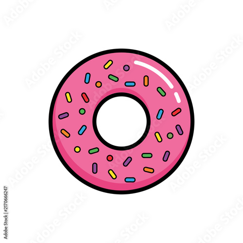 Illustration of a pink frosted donut with colorful sprinkles.