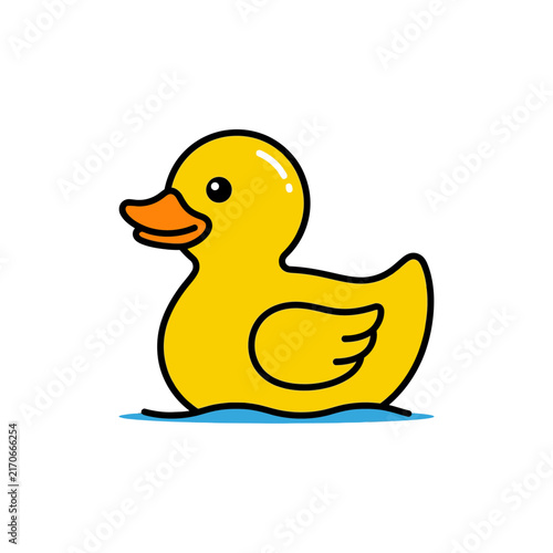 Cartoon yellow rubber duck with orange beak on water
