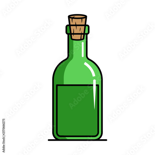 Cartoon illustration of a green glass bottle with a cork stopper.