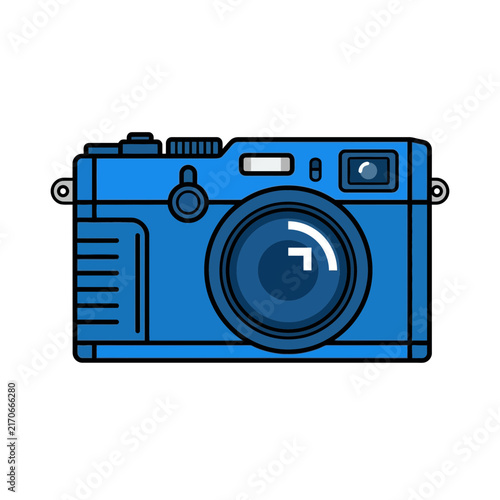 Illustration of a blue camera with a large lens and controls.