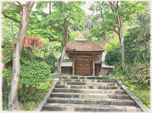 Obraz na płótnie 新緑と花に囲まれた茅葺き屋根の寺院山門と石段の参道風景
