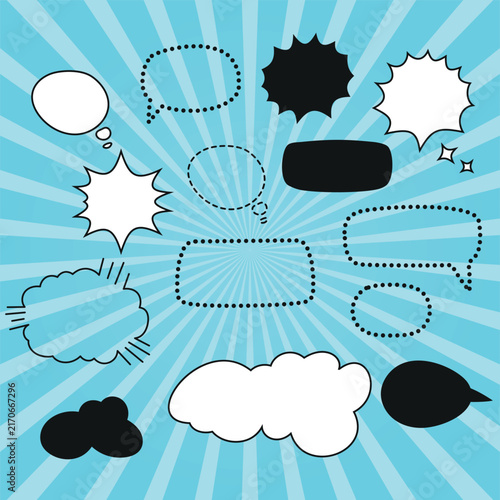 Set of blank speech bubbles and dialogue windows made of dots and dashes On a bright comic book-style background