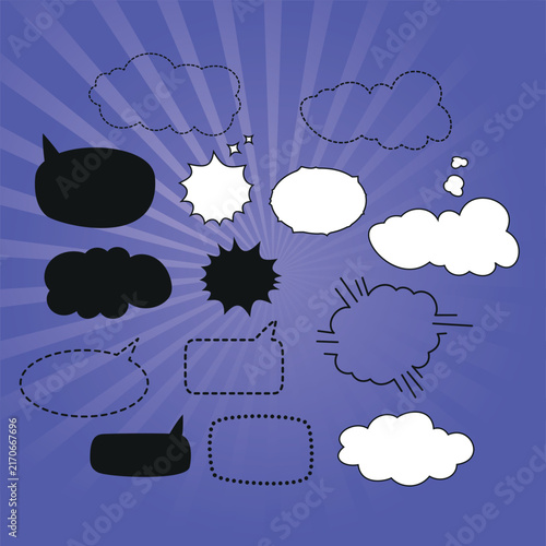 Set of blank speech bubbles and dialogue windows made of dots and dashes On a bright comic book-style background