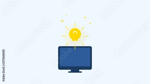 Computer monitor with glowing idea lightbulb icon on light blue background flat design