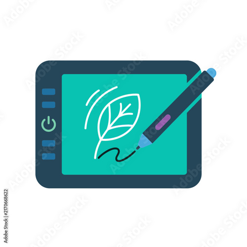 Digital drawing tablet with a leaf sketch and stylus pen.