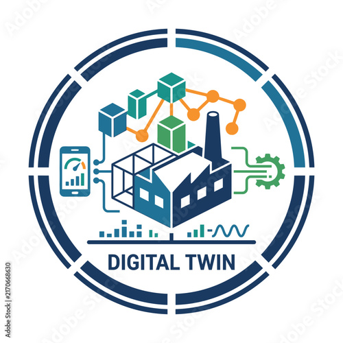 Digital twin concept with a factory and data analytics symbols