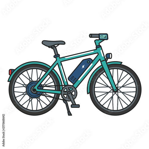 An electric bicycle with digital display and battery pack.