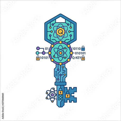 Digital illustration of a key with scientific and cybersecurity symbols.