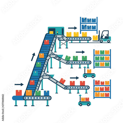 Illustration of a conveyor belt system sorting boxes into shelves.