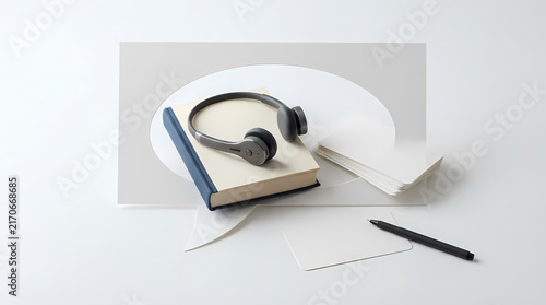 Headphones resting on closed book with notepad and pen on white surface