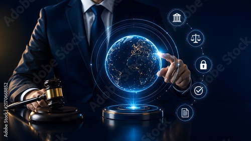 A legal expert engages with a holographic global network, highlighting international law, data privacy, and digital regulation in the modern world.