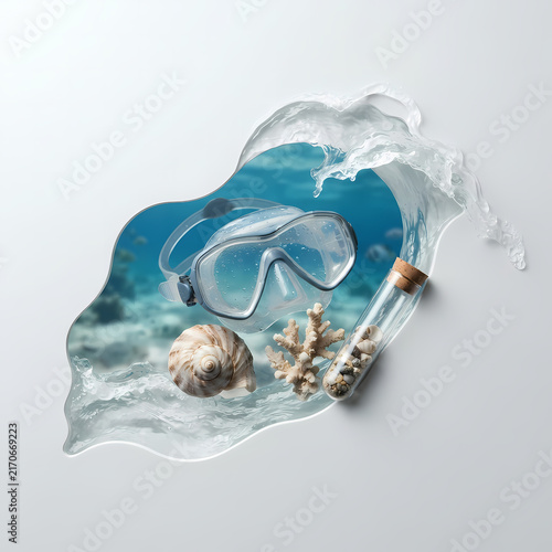 Scuba diving mask, sea shell and message bottle in water wave