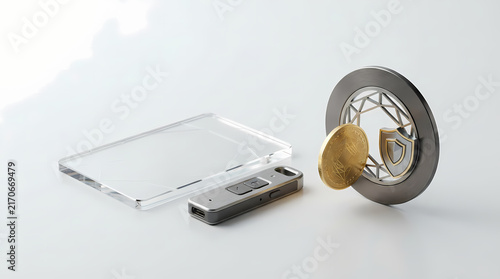 Hardware crypto wallet, digital coin and security shield concept