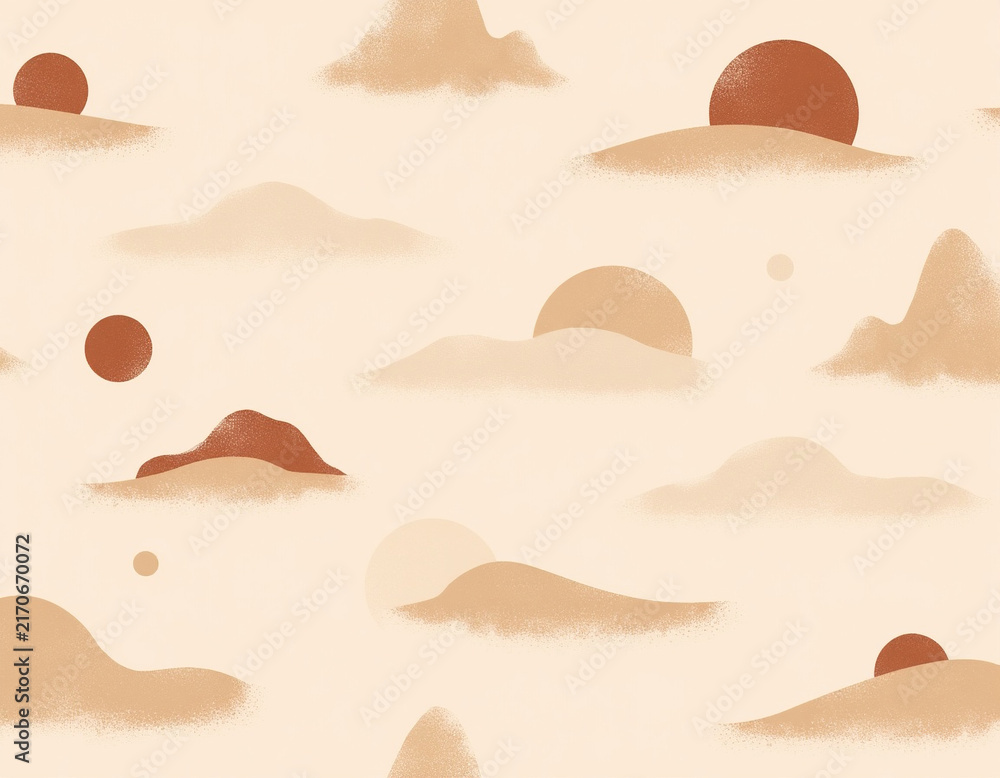 Minimalist abstract mountain landscape seamless pattern with sun and cloud elements in warm neutral tones