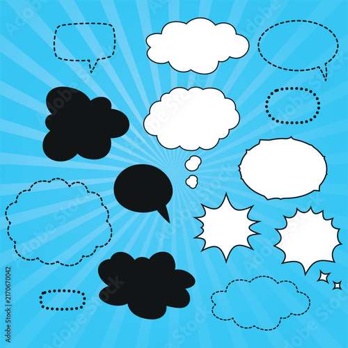 Set of blank speech bubbles and dialogue windows made of dots and dashes On a bright comic book-style background