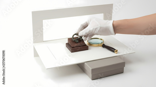 White-gloved hand examining historical metal artifact with magnifier