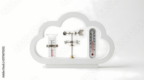 Weather station instruments including thermometer and barometer inside cloud shape frame