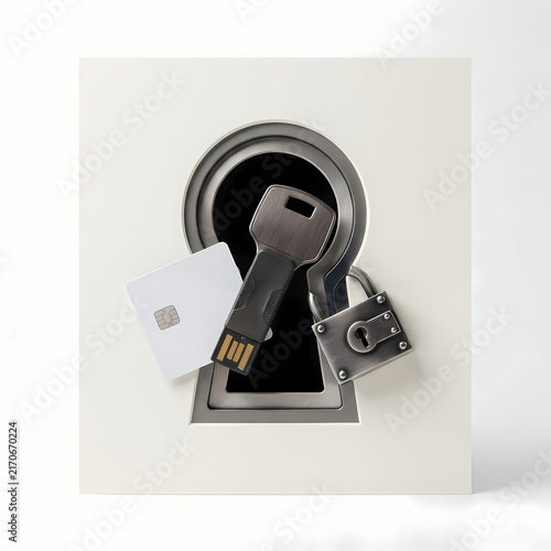 USB flash drive, access card and metal padlock in keyhole frame