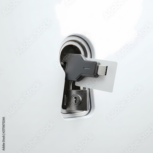 USB Type-C security key and padlock inside white keyhole shape