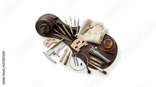 Professional violin repair tools, bridges, and luthier workshop equipment on wooden template