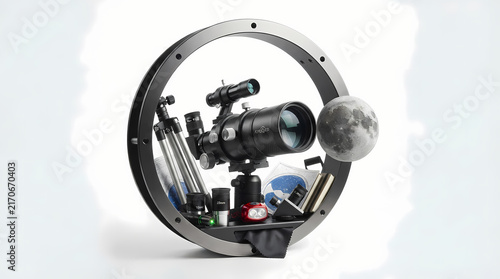 Advanced astronomical telescope and equipment inside a circular frame with moon model