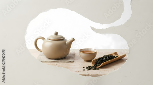 Minimalist tea set with ceramic teapot and green tea leaves on wooden table
