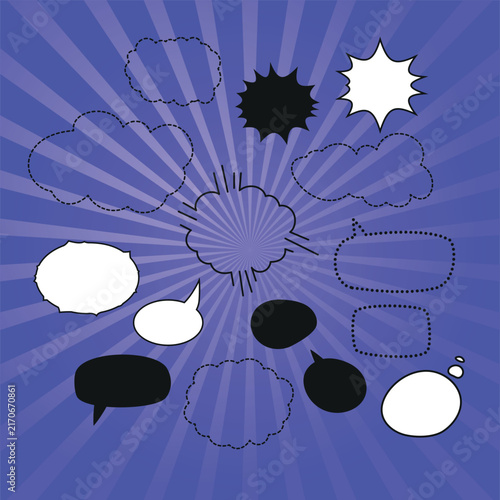 Set of blank speech bubbles and dialogue windows made of dots and dashes On a bright comic book-style background