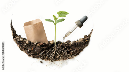 Close up of a green seedling sprout with roots and liquid dropper on white