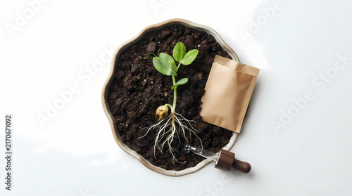 Young Plant Seedling with Exposed Roots in Soil and Gardening Tools