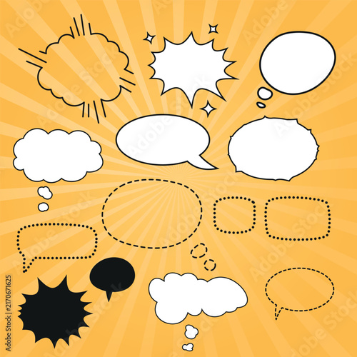 Set of blank speech bubbles and dialogue windows made of dots and dashes On a bright comic book-style background