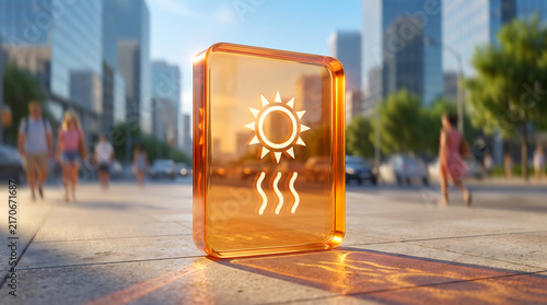 Translucent amber glass heatwave warning sign on sunny city sidewalk. Concept for extreme hot weather, climate change, high temperature advisory, global warming, and urban heat wave danger alert.