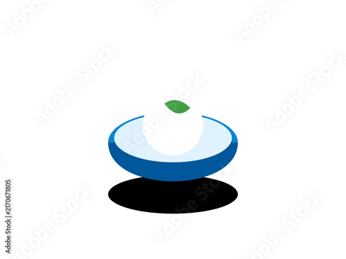 Minimalist blue bowl icon featuring a small green leaf on white background