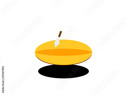 Minimalist illustration of a yellow oval shape with a small metal trowel