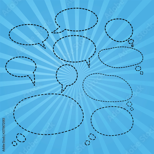Set of blank speech bubbles and dialogue windows made of dots and dashes On a bright comic book-style background