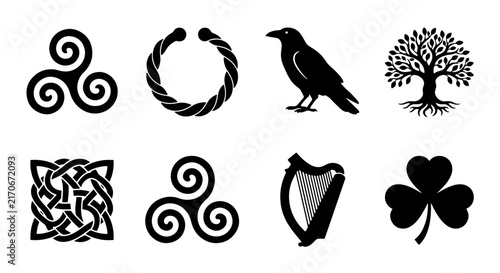 Foto Celtic Symbols Vector Icons: Triskele, Torc, Raven, Tree of Life, Knotwork, Harp