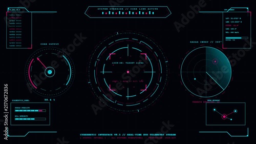 Futuristic Cybernetic HUD Interface with Rotating Radar and Targeting Reticle