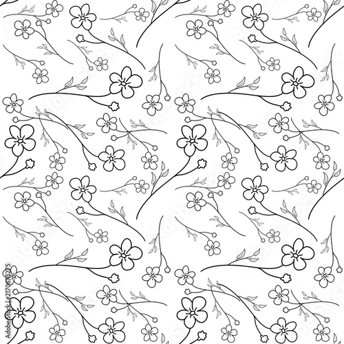 Elegant minimalist hand drawn botanical seamless pattern with black line art flowers on white background seamless floral pattern