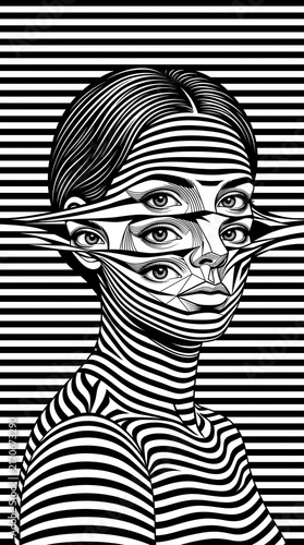 Abstract woman face with multiple eyes in striped optical art style.