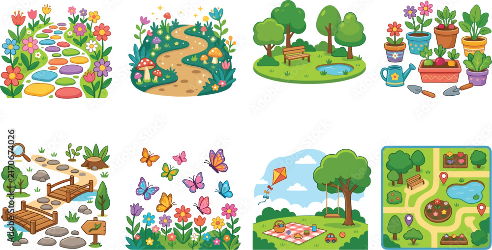 Naklejka premium Garden and Outdoor Nature Illustration Collection with Flowers, Parks and Landscape Elements