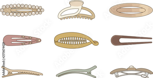 Various hair clips arranged in a grid with soft watercolor texture vector illustration