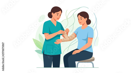Nurse bandaging patient's injured arm with a medical wrap, illustrating care and recovery in a healthcare setting.