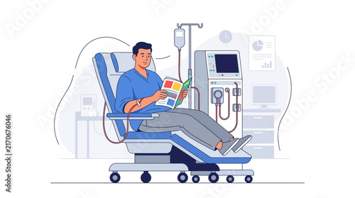 Man undergoing hemodialysis treatment, reading a magazine while sitting in a comfortable medical chair with dialysis machine.