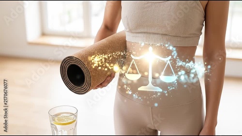 Woman Holding Yoga Mat for PCOS Hormone Imbalance Balance, Wellness Fitness Exercise Support Beside Water with Glowing Scales and Healthy Lifestyle Concept