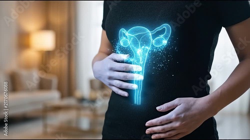Women Health Hormone Imbalance PCOS Symptoms, Uterus Reproductive System Awareness, Abdominal Pain Concern, Glowing Uterus Illustration During Home Wellness Consultation