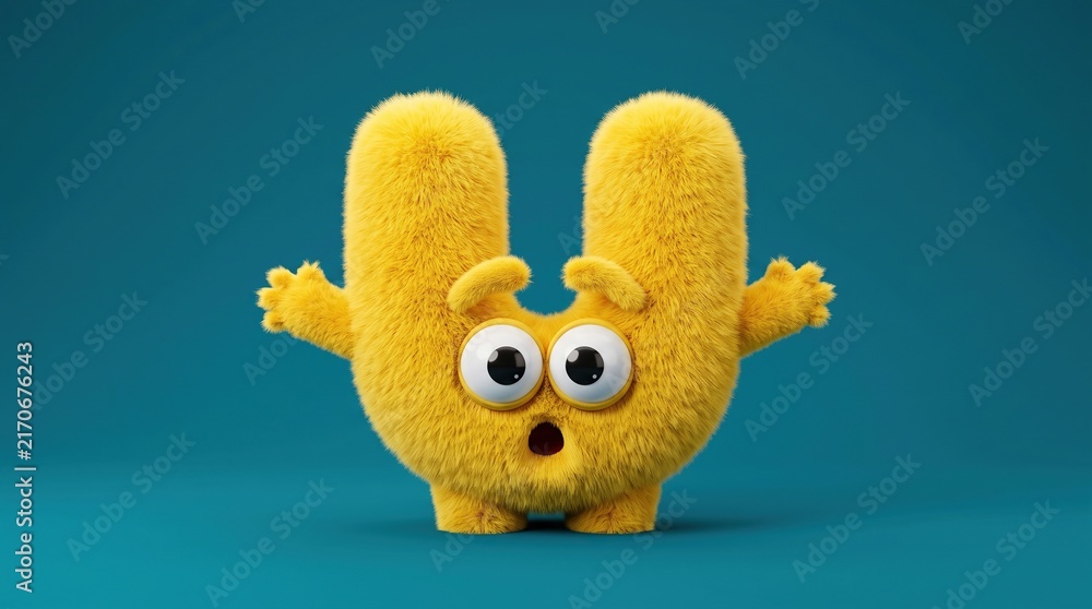 Fototapeta premium Surprised yellow fuzzy monster character shaped like letter U with raised arms. A wide-eyed plush toy figure on a teal background, perfect for expressive alphabet sets or playful branding.